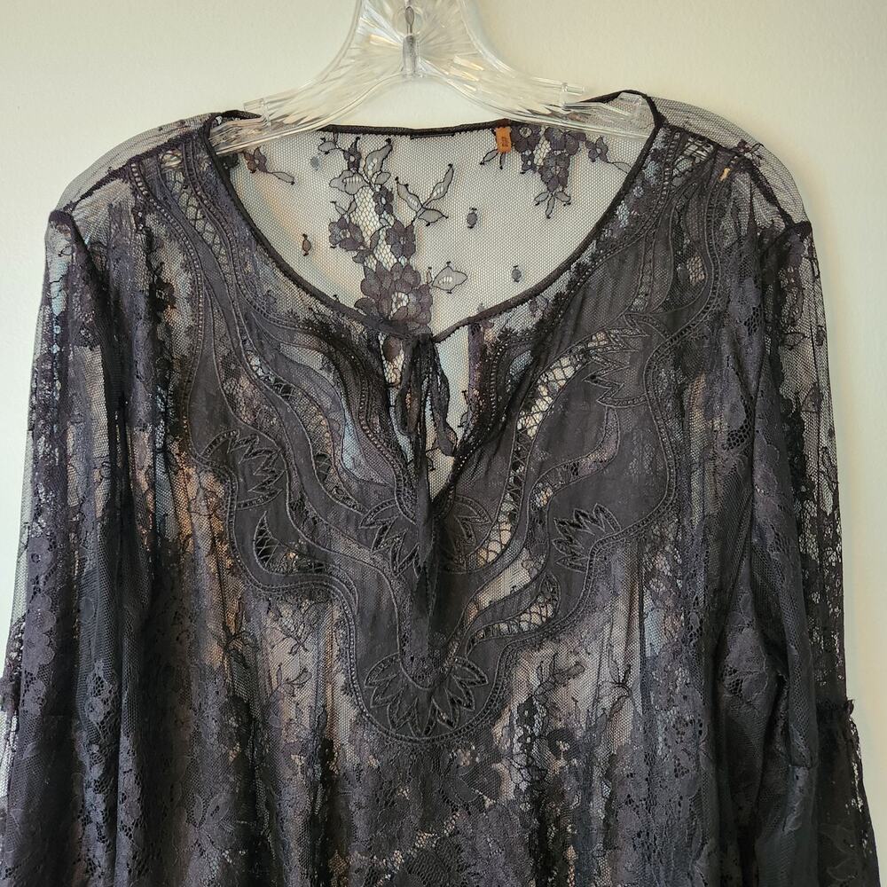Womens Black Lace Whimsigoth Top XL Floral Flare Sleeve Fairygrung Festival Boho - Picture 2 of 13